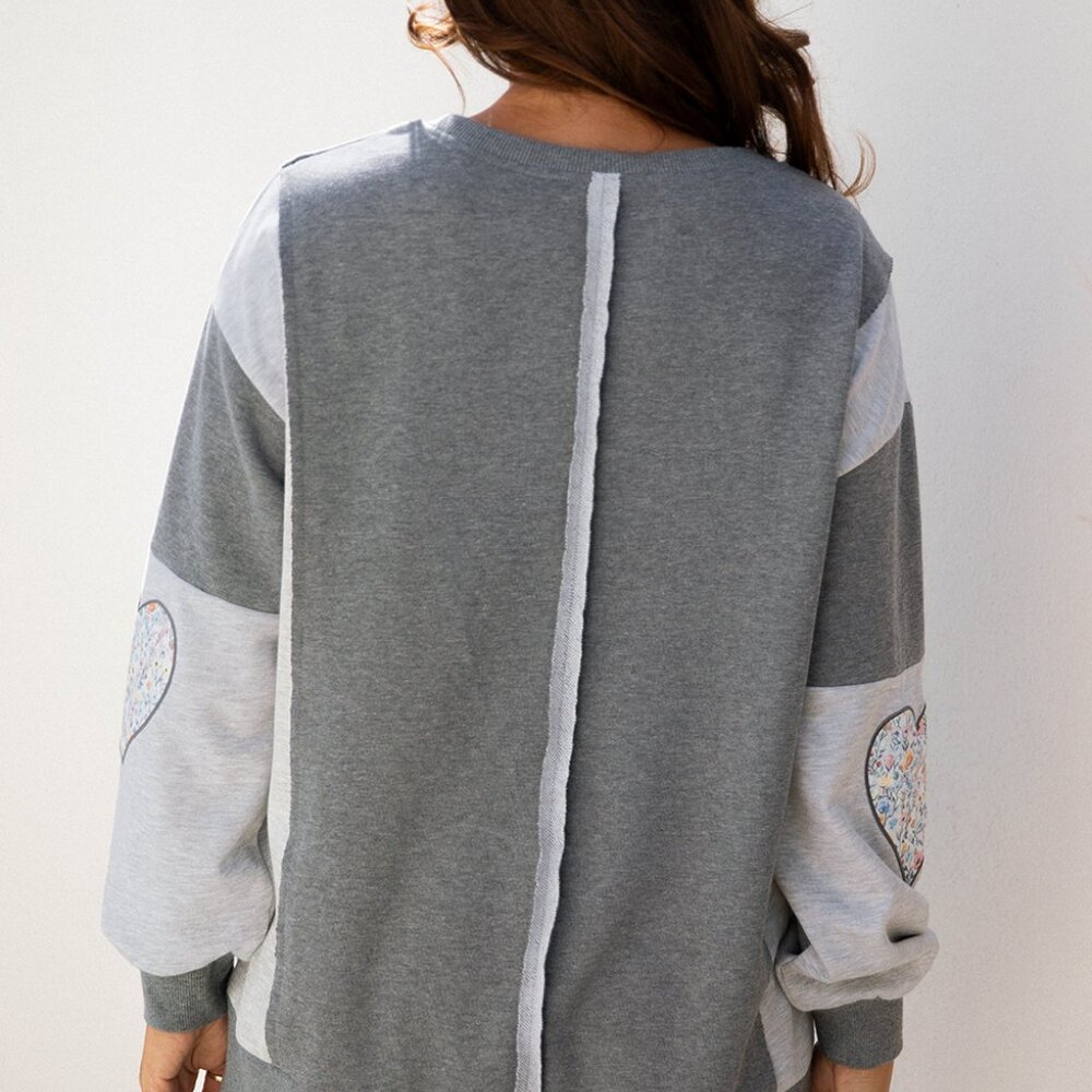 B324  Grey LOVE Graphic Exposed Seam Patchwork Uneven Hem Chic Sweatshirt - Picture 5 of 5